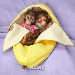 Frankie & Fiona Twin Monkey Doll Set with Fleece Banana Bunting by Ashton Drake